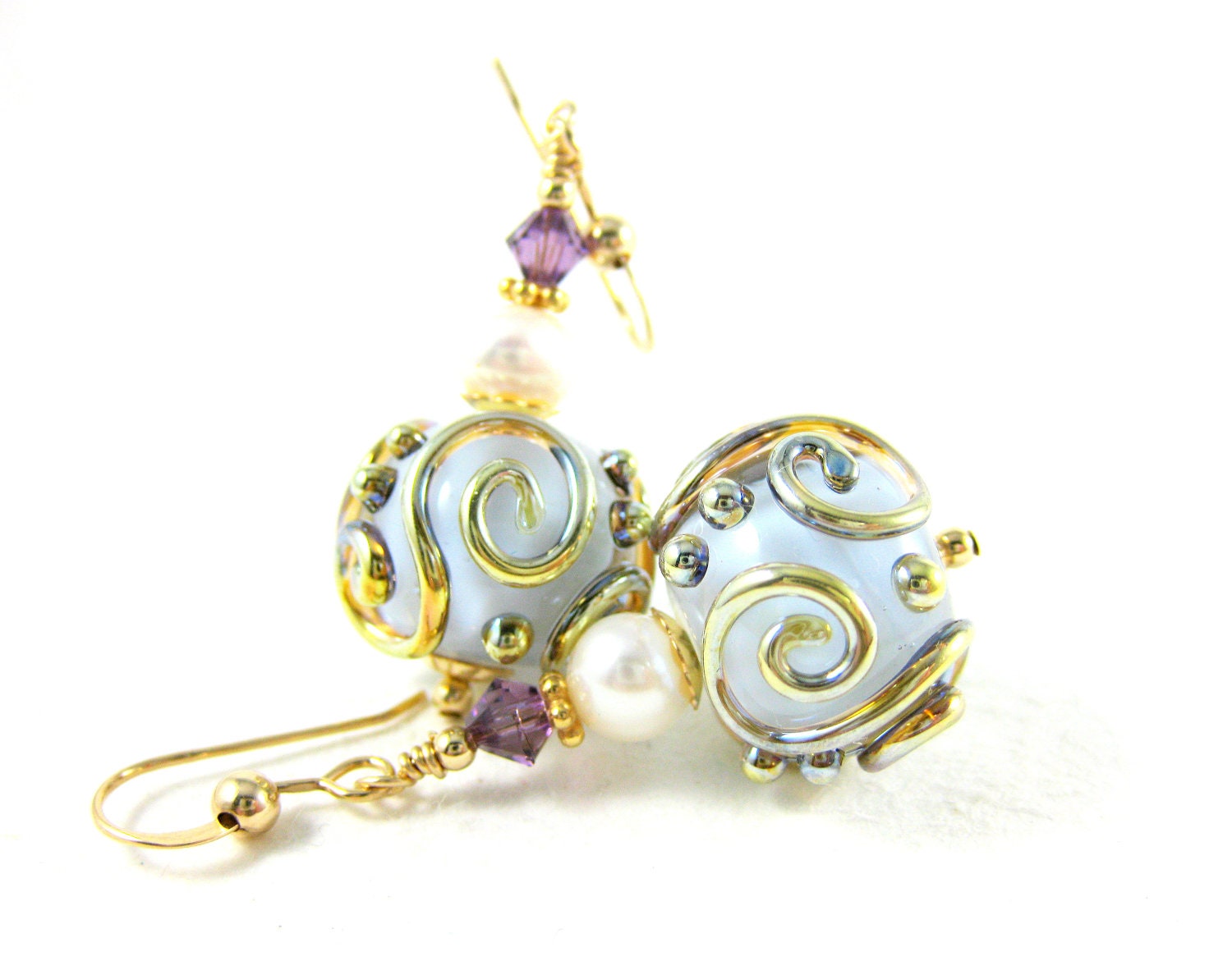 Pale Purple Glass Earrings, Lilac Gold Lampwork Glass Bead Earrings, Pearl Earrings, Purple Earrings - Hint of Lilac