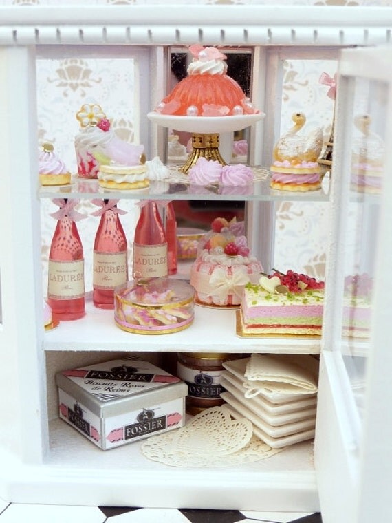 Patisserie / French Bakery Counter filled with Pink Treats - Unique Miniature Furniture in 12th Scale