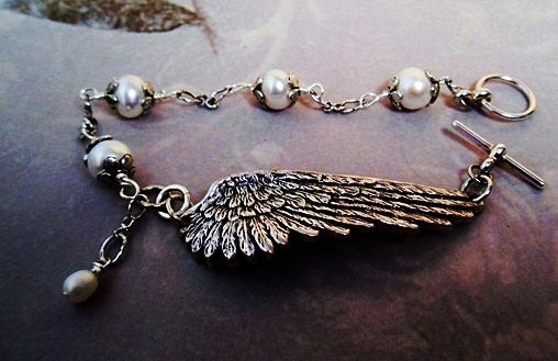 Angel Wing Jewelry  Silver bracelet White Pearls antiqued silver adjustable