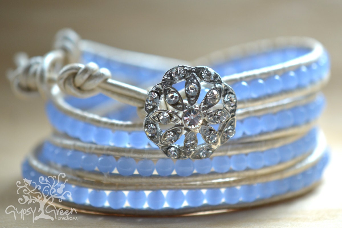 Bride/Bridesmaid Something Blue Antiqued Rhinestone Pendant Leather Wedding Wrap Bracelet