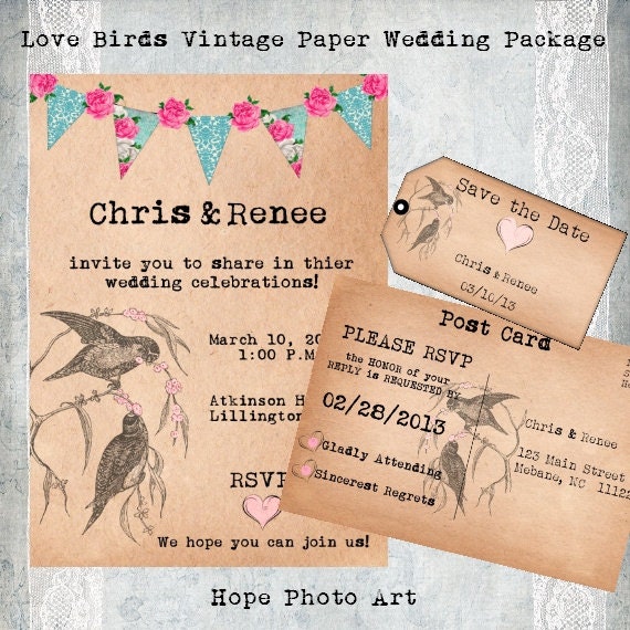 Love Birds Vintage Paper Indie Wedding Suite Package Customized DIY Digital Announcement Printable wedding invitation engagement - U Print