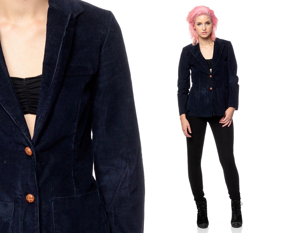 Cordurory Jacket BLAZER 70s Navy Blue Fitted Vintage 80s Hipster Button Up Professor Boho Women Collared Preppy Coat Pocket Extra Small XS