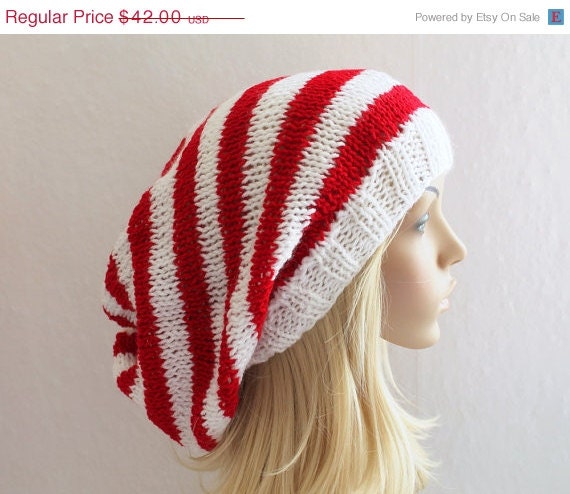 BIG SALE White and Red Striped Baggy Beanie Slouchy Hat