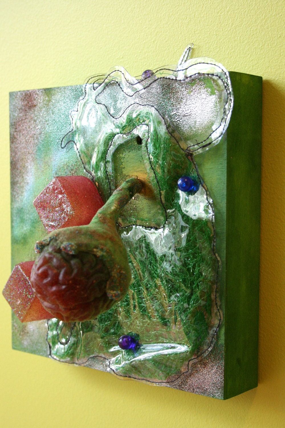 Nature Green Cast Rubber Brain Flower with Resin Ice Cube Sculptural Painting