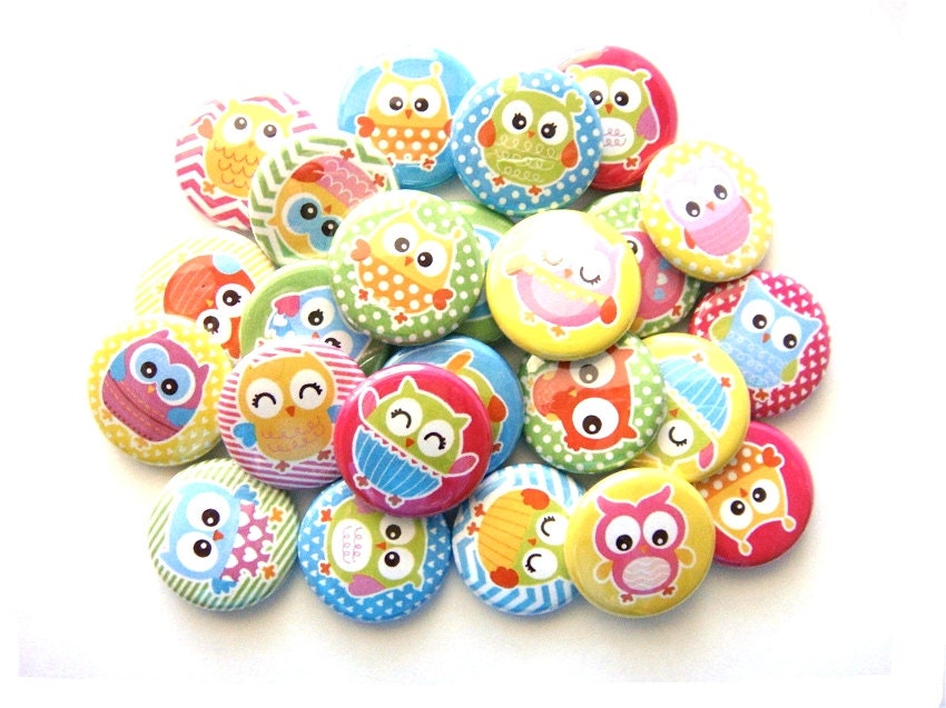 24 Baby Owl Buttons - Pinback Buttons - Rainbow Owl Pins - Owl Party Favors