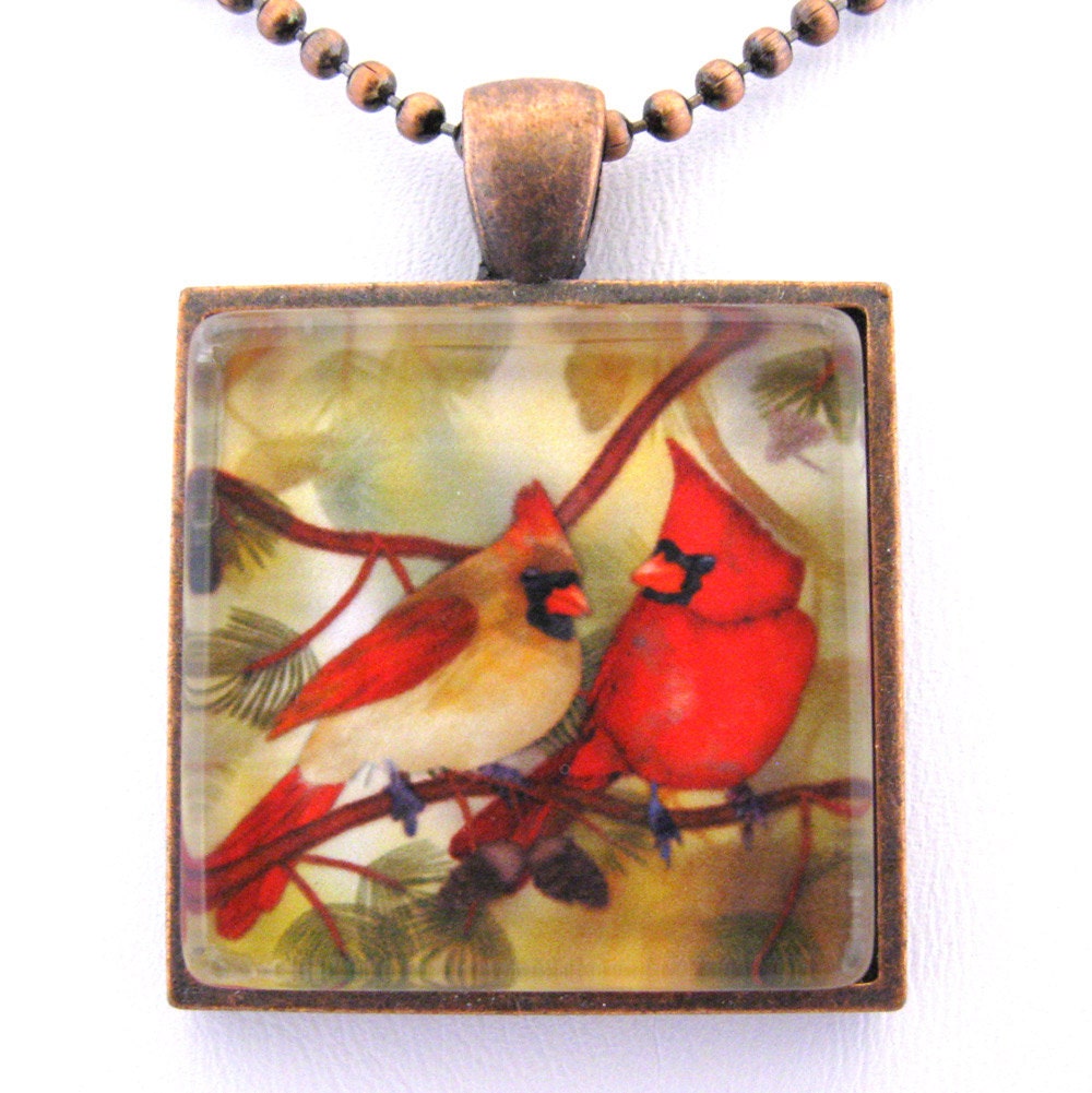 Cardinal Couple Art Print Red Love Birds Handmade Glass Tile Pendant