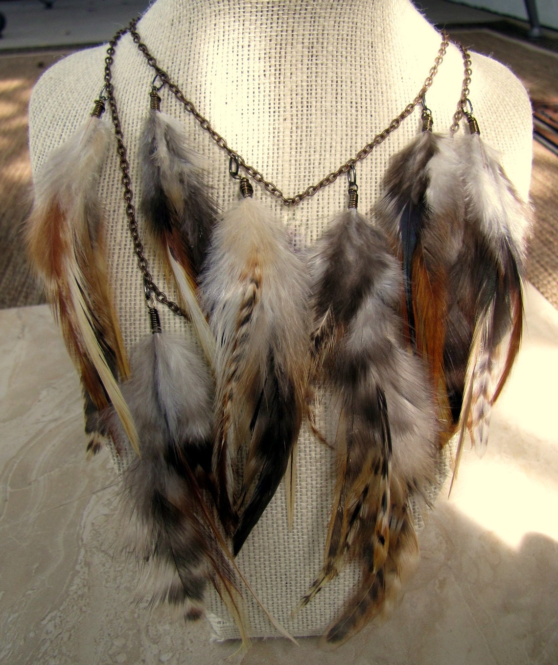 Feather Necklace - Natural Brown Feather Statement Necklace, Feather Fringe Necklace - Comanche