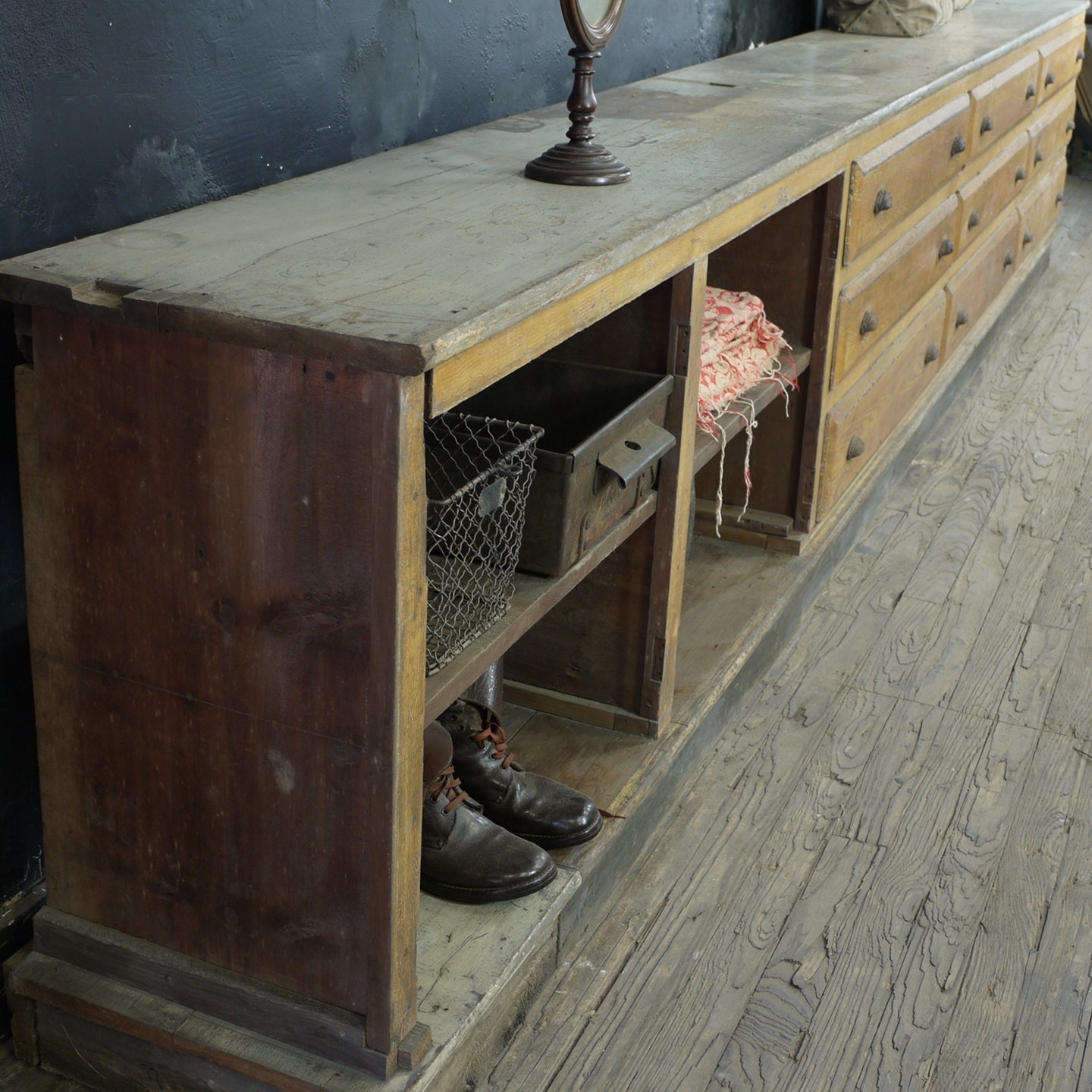 Antique American Cabinet, Grain Painted General Store Built-In
