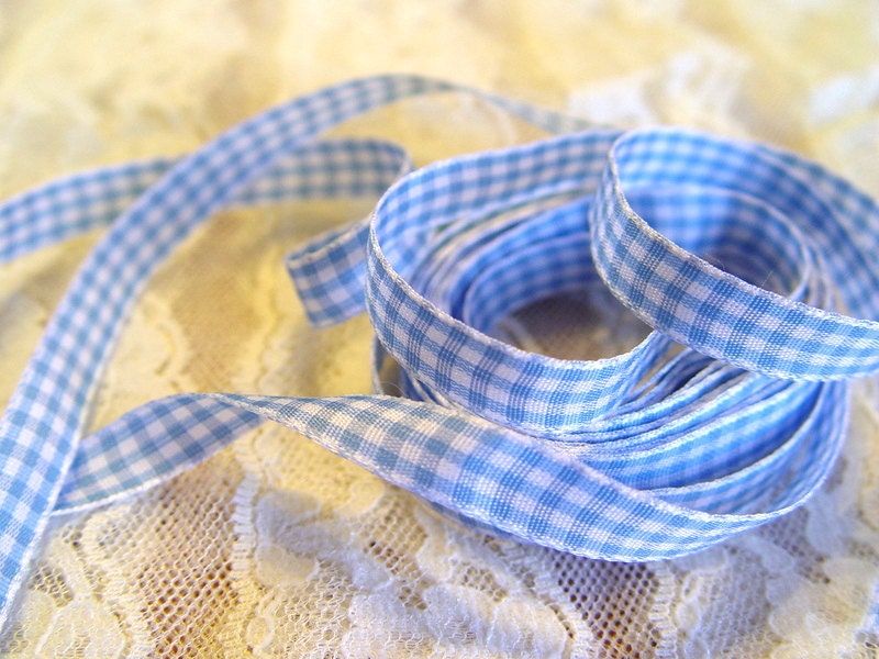 Blue Gingham Ribbon, 5 yards, 3/8 inch craft scrapbooking card making supplies trim baby boy
