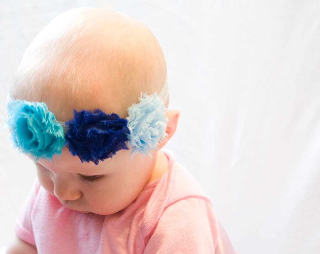Blue Chabby Shic Baby Headband - three shades of blue flowers on elastic headband
