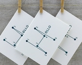 Hello Letterpress Folded Notecard Set - Connect the Dots, Puzzle Design, Typography, Teal Blue, Turquoise (Set of 3)