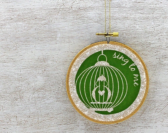 Bird Birdcage Embroidery Hoop Art - Screenprinted Wall Hanging - Chartreuse Green Tan Taupe Beige Khaki Cotton Fabric (HBD1)