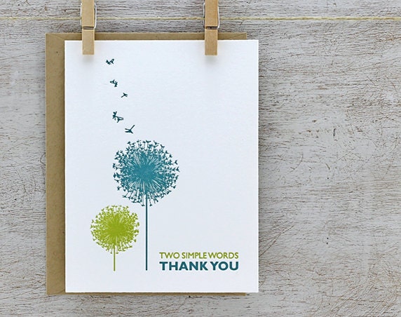 Dandelion Thank You Letterpress Folded Greeting Card Set - Teal Chartreuse Green 3 Pack (GTY01)