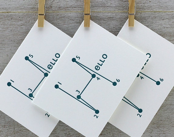 Hello Letterpress Folded Notecard Set - Connect the Dots, Puzzle Design, Typography, Teal Blue, Turquoise (Set of 3)