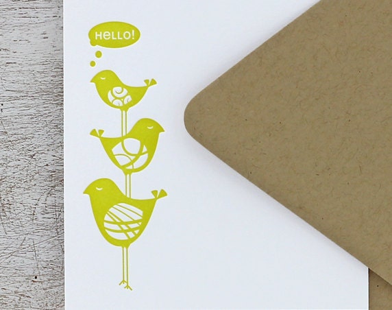 Bird Stack Letterpress Flat Note Card Set -  Bamboo Mustard Yellow, Geometric Pattern, Spring, Summer, Hello - 10 pack (NBS01)
