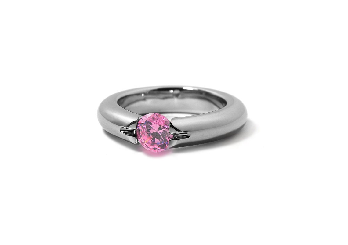 Round Pink Sapphire Ring in Stainless Steel