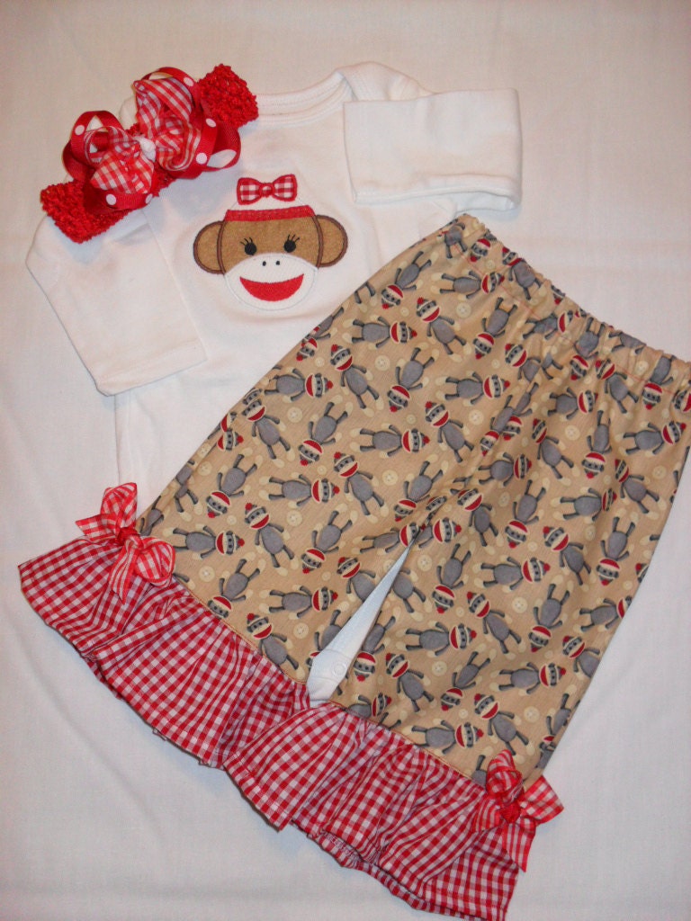 Baby Shower Gift Custom Sock Monkey Outfit Embroidered Onesie, Ruffle Pants, Headband and Hair Bow. 0/3 months to 24 months