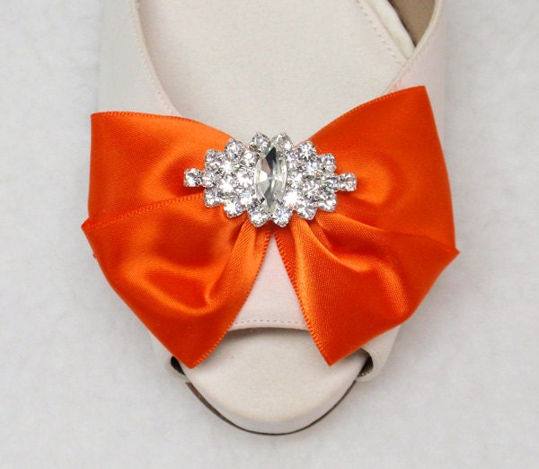 Sparkly Rhinestone Crystal Clear Wedding Shoe clips Orange Bow Shoe clips