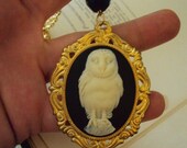 Owl Cameo Necklace Pendant with Black Glass Bead and Vintage Chain