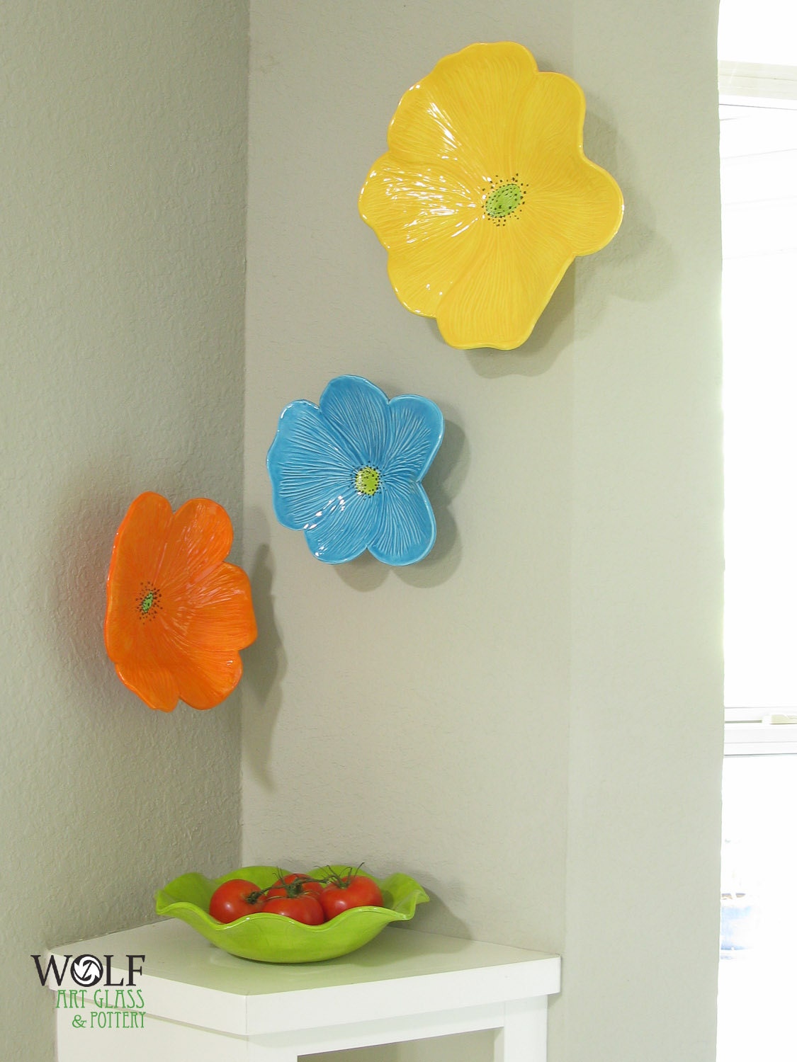 Ceramic Wall Art Bright Yellow, Orange and Turquoise Poppy Flower Trio, Children Decor, Nursery Decor, Kid Decor