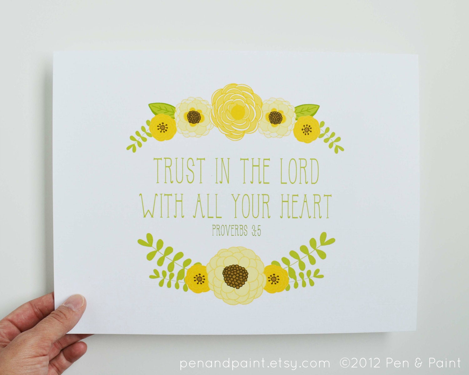 Yellow Flowers Scripture 8 x 10 Art Print, Trust In The Lord, Quote, Bible Verse, Proverbs