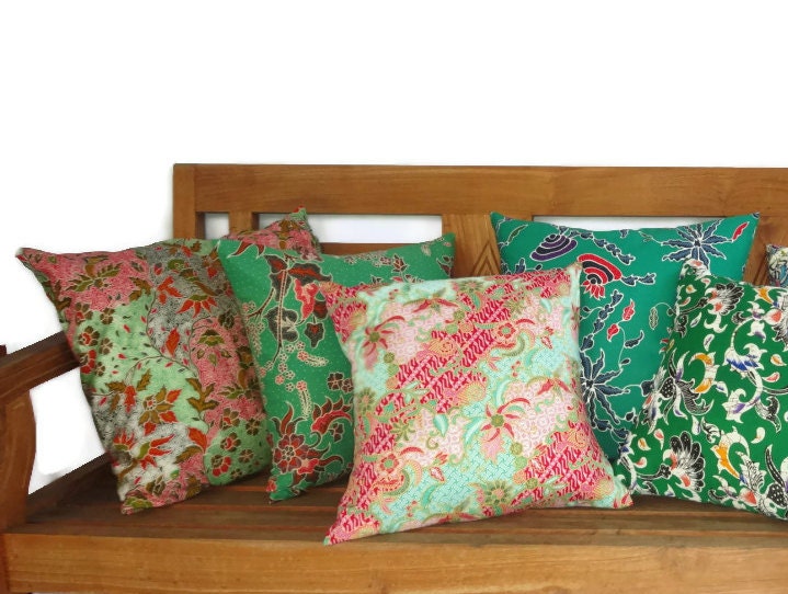 Set of 7, Indonesian Batik, 16x16/18x18, Cotton, Green, Emerald