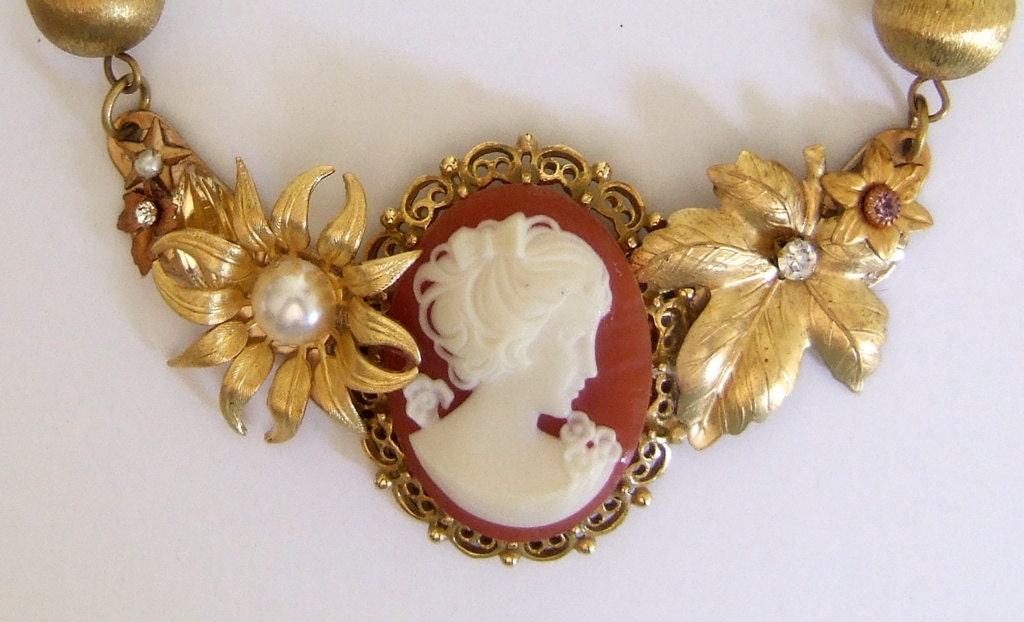 Handcrafted 24" Vintage Brass Romantic Cameo Floral Brass Statement Bib Necklace OOAK Free Ship