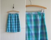 summer pencil skirt / vintage 1950s cotton pique skirt / mint lilac and teal plaid skirt