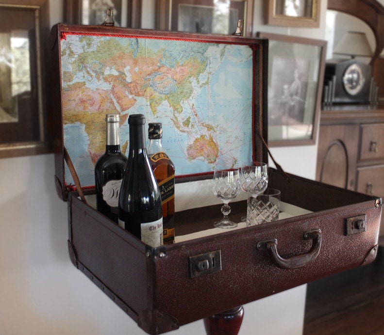 SALE - Vintage Suitcase Wine Table Drinks Side Table