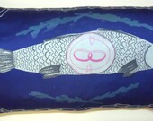 Lucky Fish Silk Cushion in Blue and Yellow