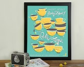 Concert Poster, Aqua and Yellow Nursery Decor and Kitchen Art