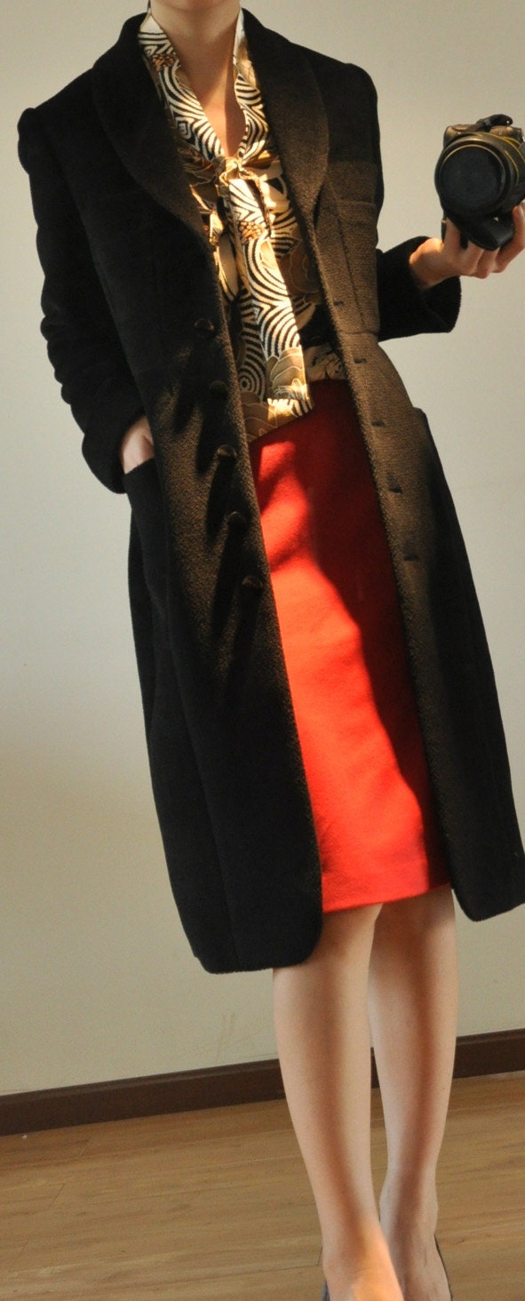 Elegant Black Wool Tulip  Cocoon Long Coat Single Breasted