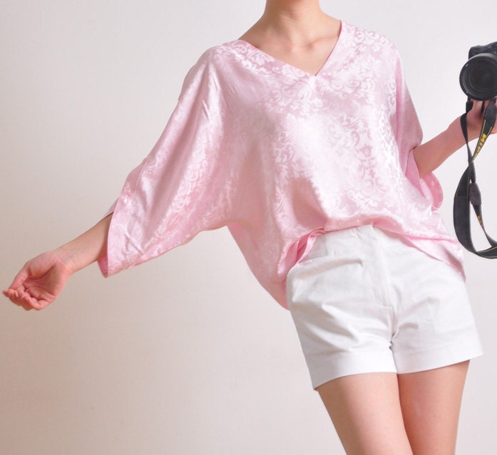 Baby Pink Jacquard Pure Silk V Neck Batwing Sleeves Oversize Blouse