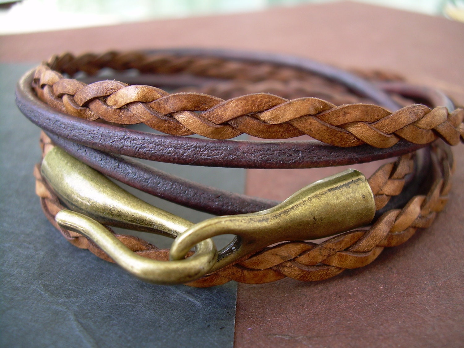 Leather Bracelet , Unisex, Mens, Womens, Triple Wrap, Natural  and Antique Brown, Antique Bronze, Hook Clasp