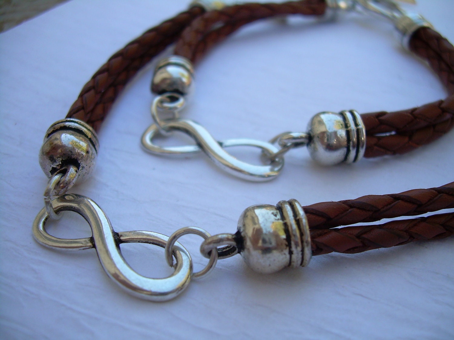 His and Hers Set of Infinity Bracelet, Leather Bracelet, Mens, Womens, Saddle Braided, No Shipping Charges