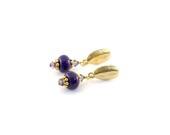 Gold Purple Post Earrings Purple Malachite Purple Swarovski Beaded Drop Post Earrings