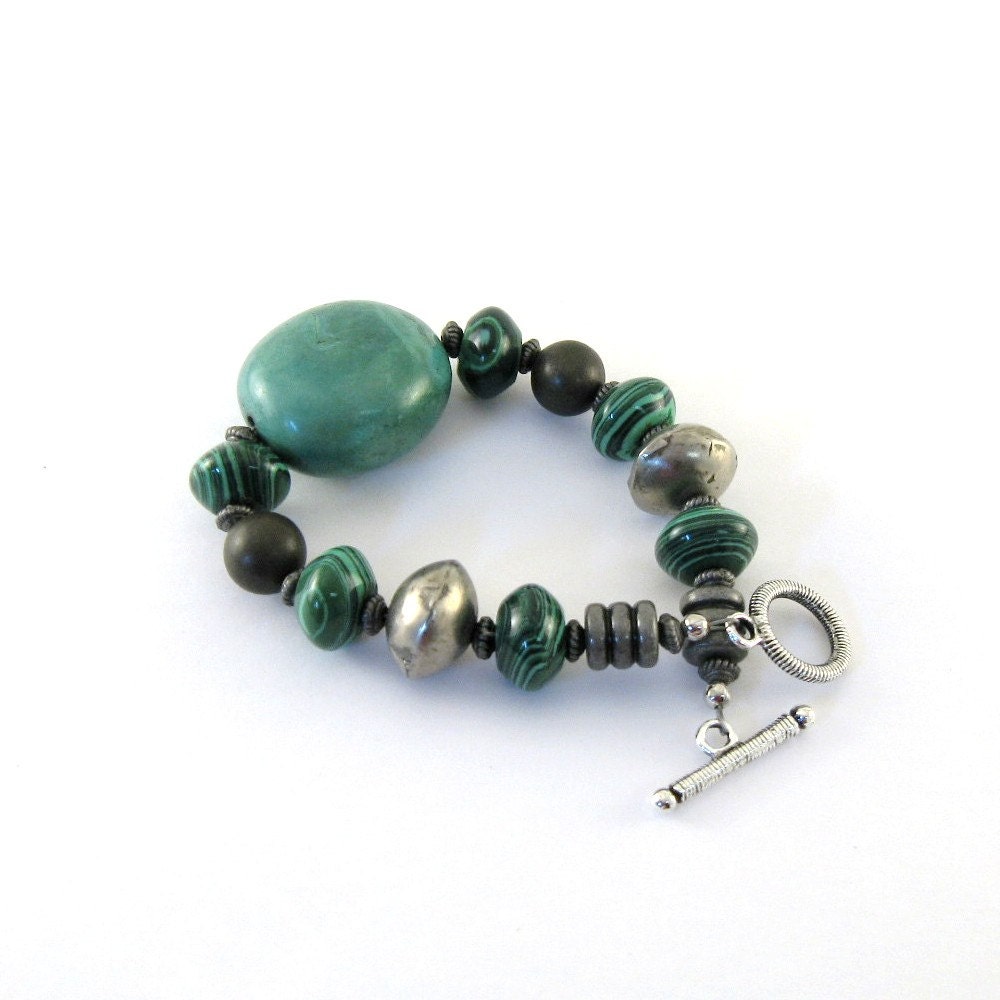 Chinese Turquoise Bracelet Green Gunmetal Beaded Silver Bracelet