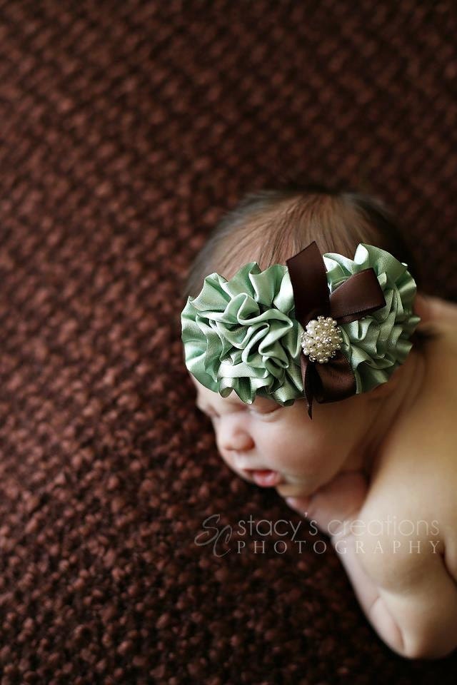 Baby Headband - Infant Headband - Newborn Headband - Toddler Headband -photography prop - Pistachio and Brown vintage headband