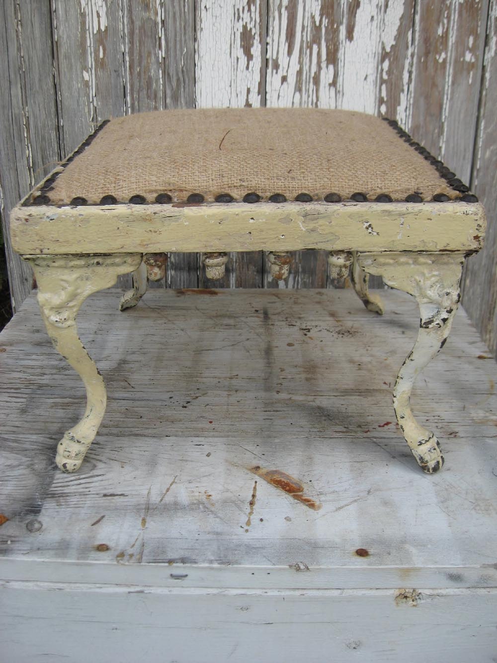 Antique handmade STOOL with BURLAP seat and original CHIPPY ivory paint