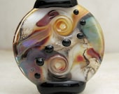 Handmade Lampwork Glass Bead, Organic Lentil Focal Bead Blue Purple Ivory Black 'Lovely Rita'