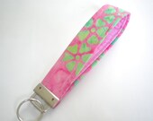 Wristlet Key Chain Key Fob in Green and Pink Batik