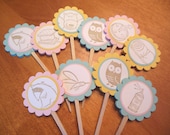Glamping Cupcake Toppers, Camping Cupcake Toppers, owls, racoons, mosquitos, smores, bears - Set of 12