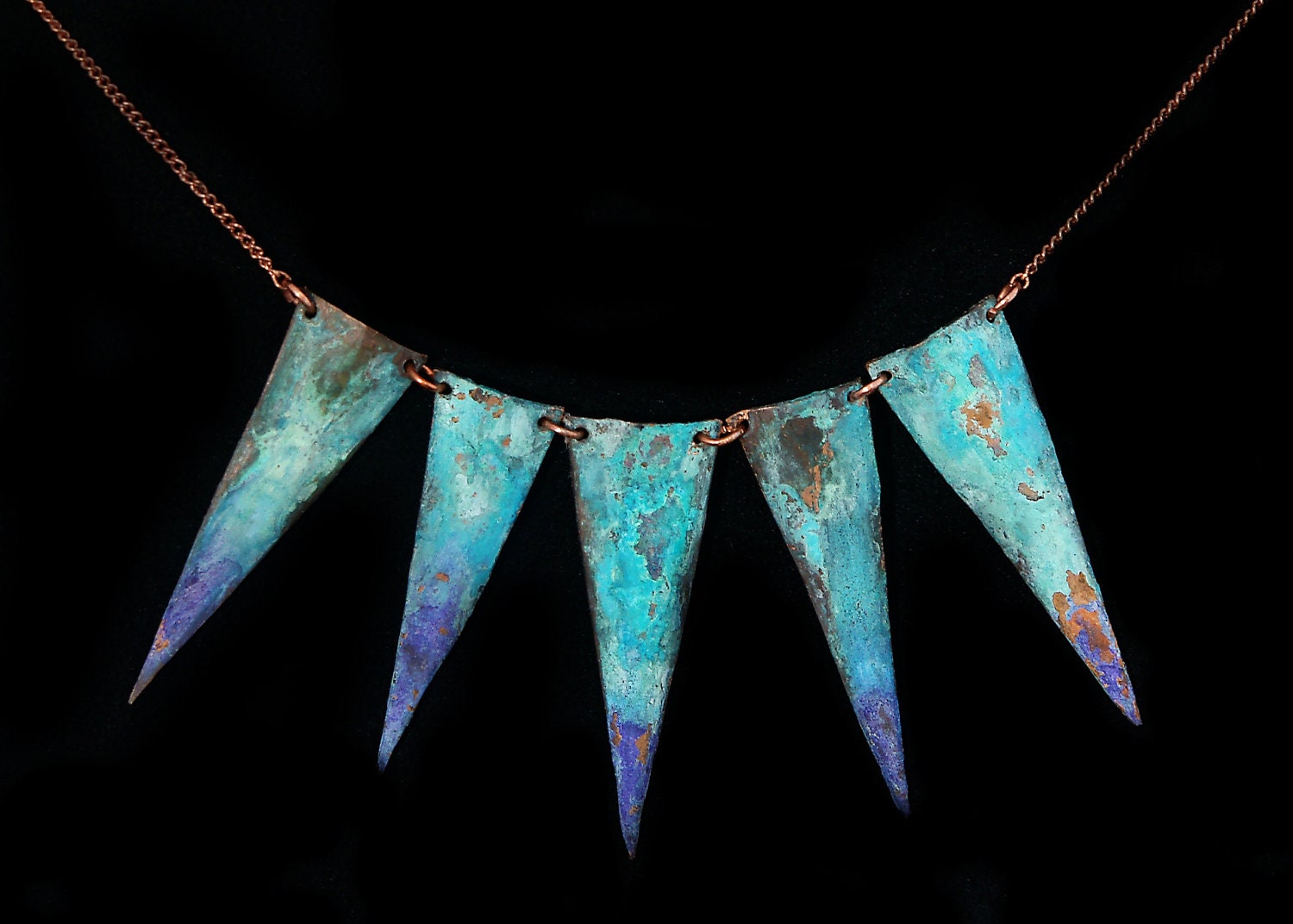 Hand Forged Copper Spike Necklace patinated teal purple