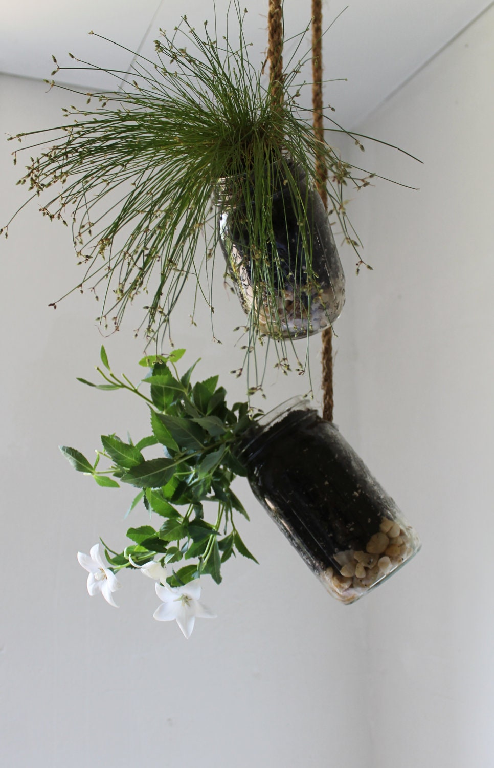 Set of 2 Hanging Mason Jar Planters with drainage - Upcycled home & garden decor - Quart and Pint Ball Jars BootsNGus design