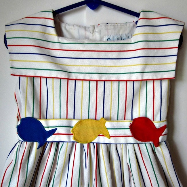 Vintage Girls Rainbow Striped Fishy Dress - BInspiredMama