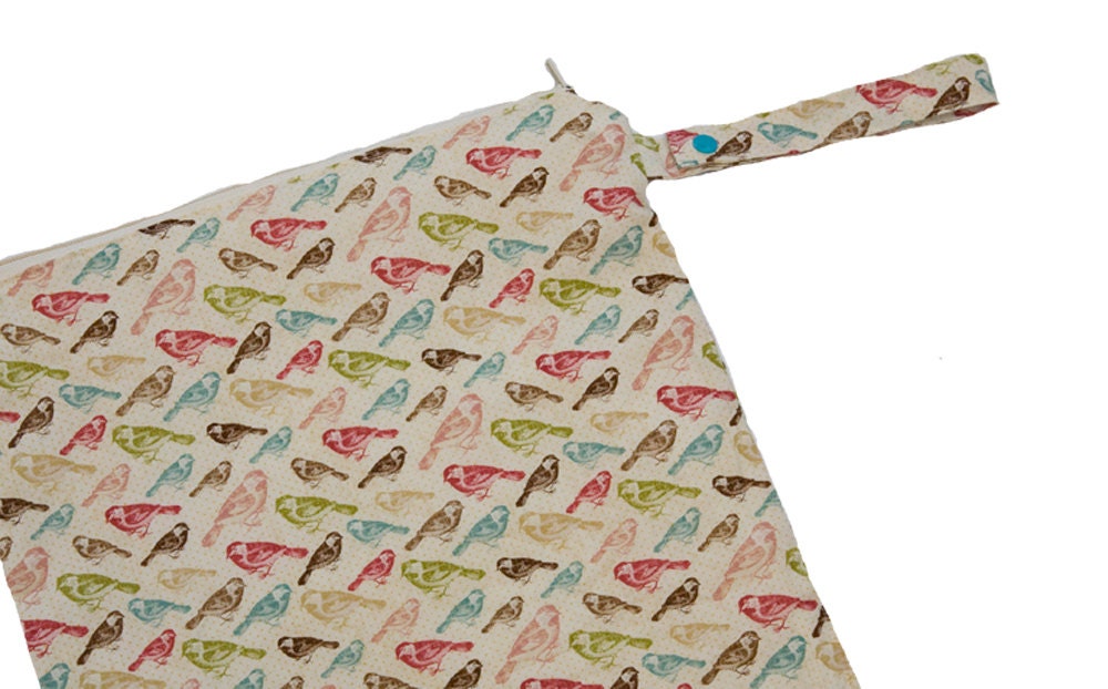 Flea Market Birds - 12x12 Sweet Bobbins Wet Bag - SEAM SEALED - Snap Strap - Boutique Quality