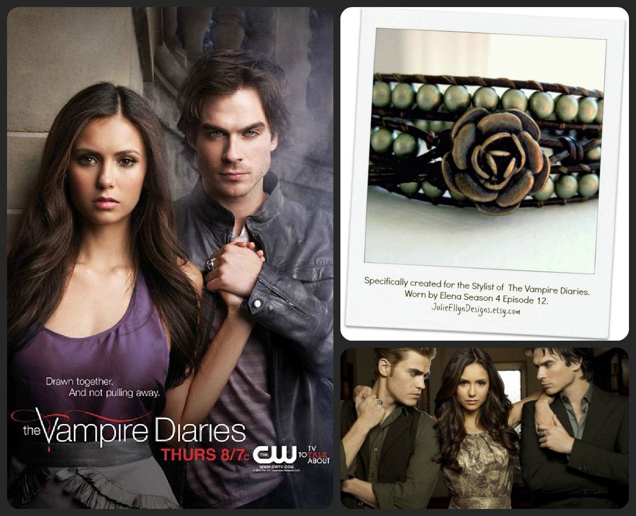 As Seen on The Vampire Diaries - Elena Goddess Bracelet in Matte Gold - Beaded Leather Triple Wrap Bracelet