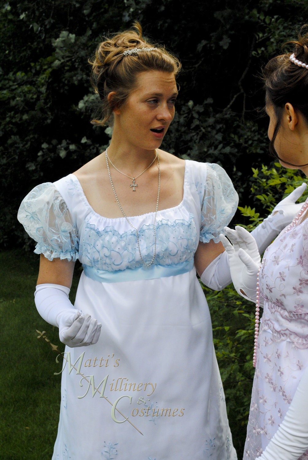 CUSTOM Blue White Regency Jane Austen Ball gown Empire formal Dress in organza & taffeta