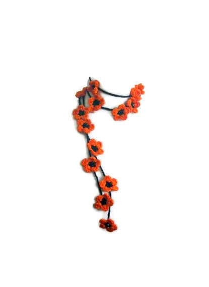 Crochet lariat scarf with Flower in Orange, Black,  Necklace,  Crochet Floral Necklace, Feminine, Trendy, Spring, Summer, Harvest, - Iovelycrochet