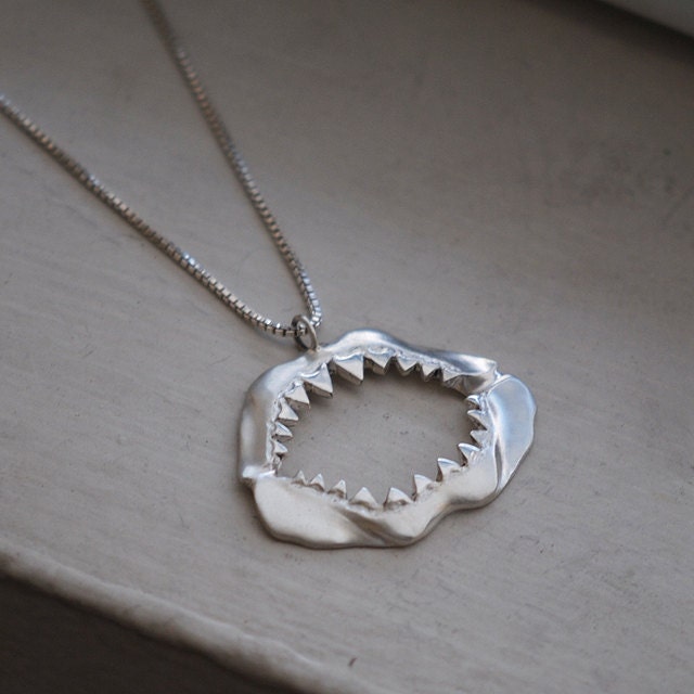 Shark Jaw Necklace, Sterling Silver, Handcrafted, Shark Week, Jaws, Skull, Great White, Unisex, Shorter Chain.
